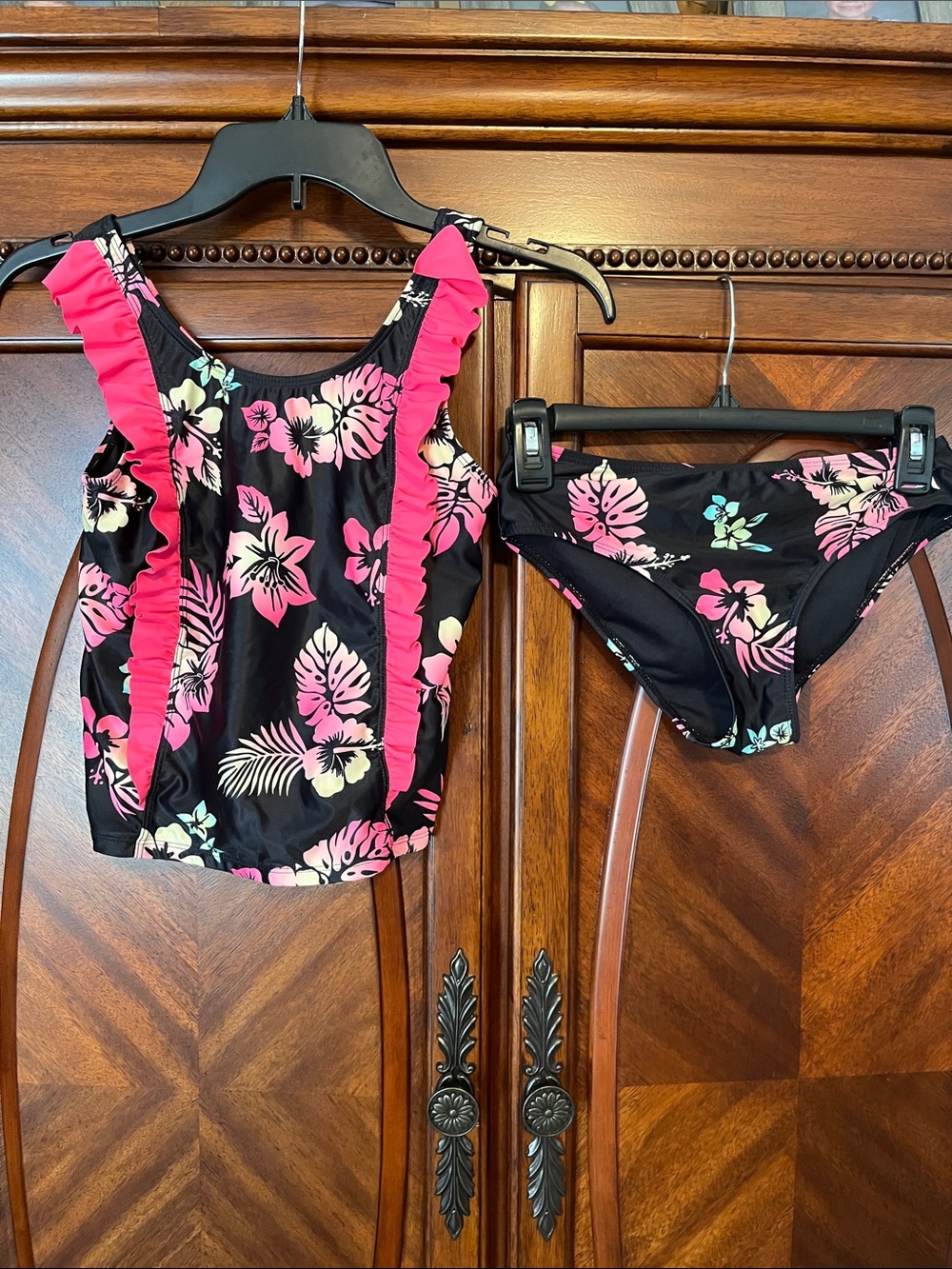 Hurley Black and Hot Pink Floral Two-Piece Swim Set